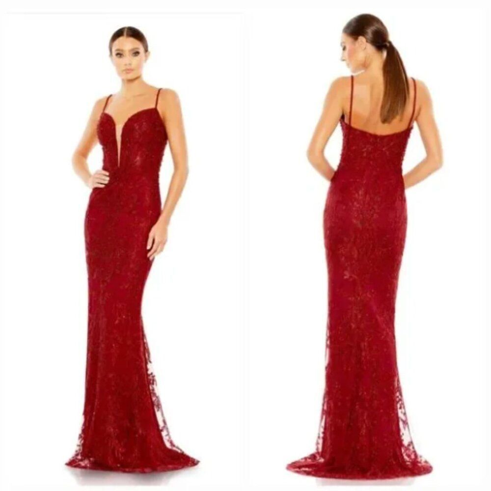 Mac Duggal Embellished Embroidered Beaded Plunging Mermaid Red Dress Gown Size 2